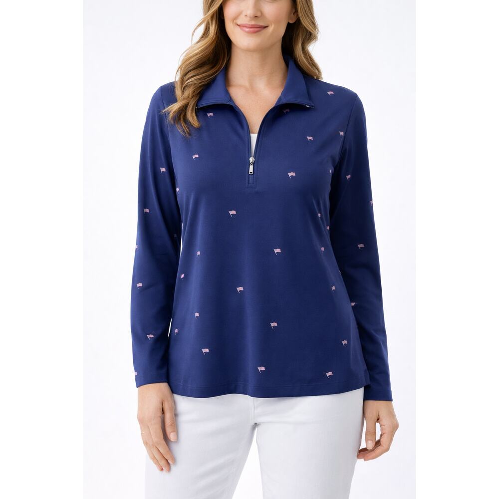 SolTek ICE UV50 Sun Protection Pullover Top Large Navy Flag Print Golf Athletic